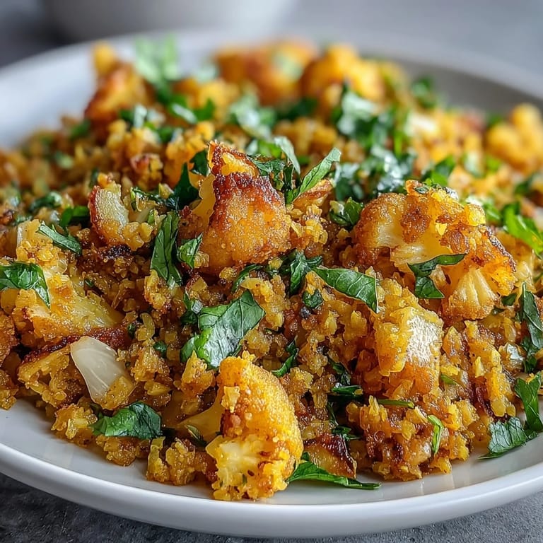 Delicious turmeric cauliflower rice showcasing gorgeous yellow hues, ready to serve with any meal.