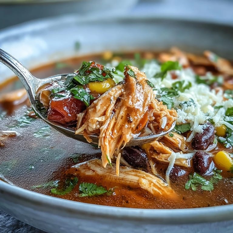 A close-up of Mexican-inspired Instant Pot chicken tortilla soup with shredded chicken, black beans, corn, and colorful veggies topped with cheese and sour cream.