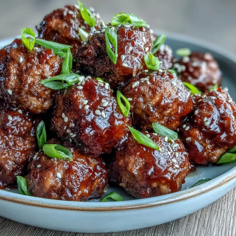 Close-up of Easy Sweet and Sour Crock Pot Meatballs topped with sesame seeds in a ceramic slow cooker.