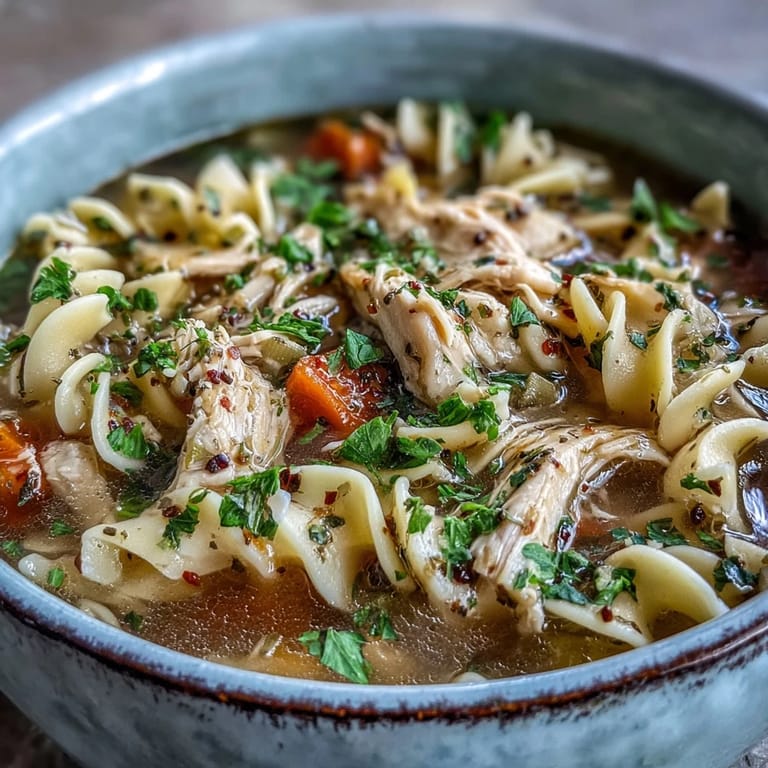 Warm bowl of Instant Pot chicken noodle soup with juicy chicken, carrots, celery, and wide egg noodles ready to serve.