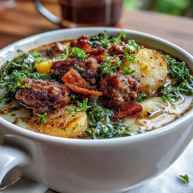 Crusty bread dipping into a rich bowl of homemade Italian Sausage Soup topped with crispy bacon and fresh herbs.