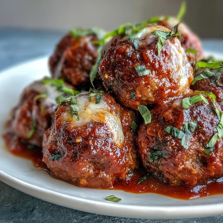 Fresh parsley and melted mozzarella top a bowl of Garlicky Meatballs With Marinara served alongside al dente pasta.