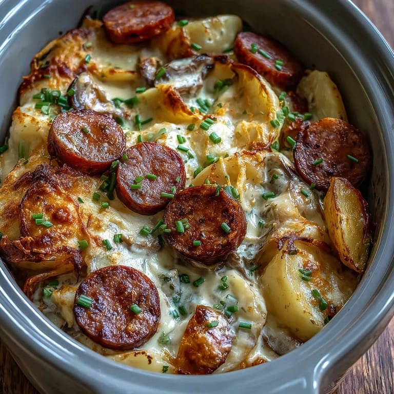 A spoon lifts a serving of Crockpot Pierogi Casserole With Kielbasa, revealing creamy sauce, melted cheddar, and tender pierogi with smoky sausage.