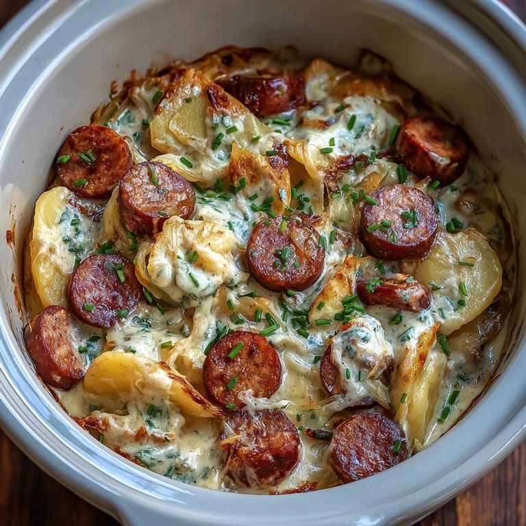 Garnished with fresh chives, the finished Crockpot Pierogi Casserole With Kielbasa is ready to serve, paired with a crisp green salad side.