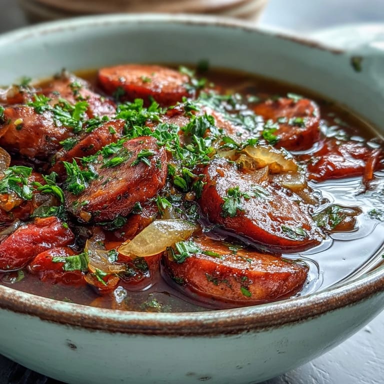 A slow cooker pot reveals hearty Crock Pot BBQ Cocktail Sausage Soup, garnished with fresh parsley and served alongside crusty bread.