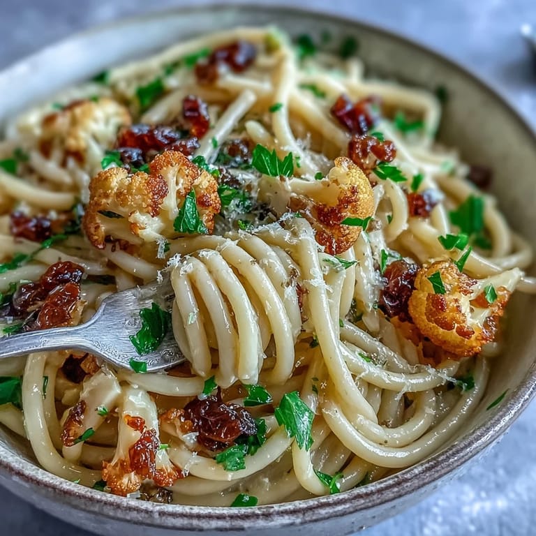 A close-up of steaming Cauliflower, Anchovy and Raisin Spaghetti showing golden pasta, tender florets, and a drizzle of olive oil.