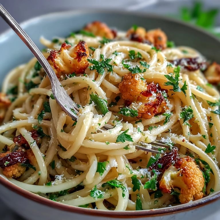 Serving suggestion for Cauliflower, Anchovy and Raisin Spaghetti garnished with fresh parsley and lemon zest on a rustic wooden table.