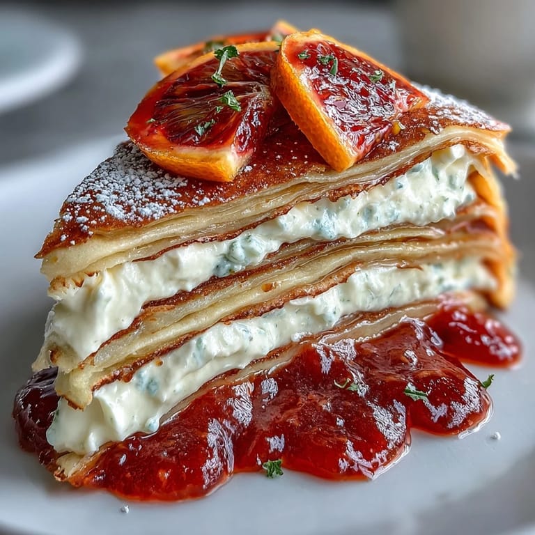 Served on a white plate, Blood Orange Curd Crêpe Cake shows alternating curd and cream layers.