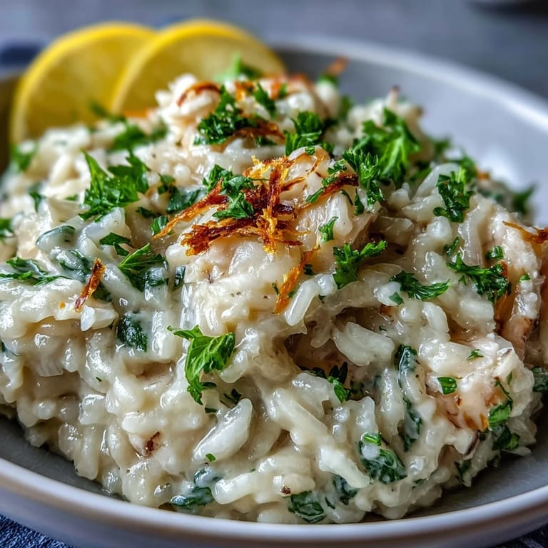 Flaky smoked haddock folded into a velvety Smoked Haddock Risotto, steaming gently on a rustic wooden table.