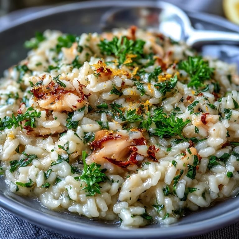 A comforting Smoked Haddock Risotto simmered with Arborio rice, leeks, and Parmesan, served alongside a crisp green salad.