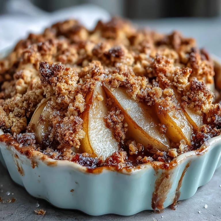 Classic Pear Crumble served in a white bowl, garnished with a dollop of whipped cream and a sprinkle of cinnamon for a cozy treat.