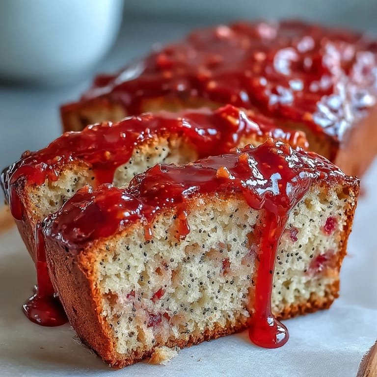 Vivid ruby-red interior of a Blood Orange Loaf Cake with Poppy Seeds and Marzipan, revealing moist texture and glossy glaze on a rustic plate.