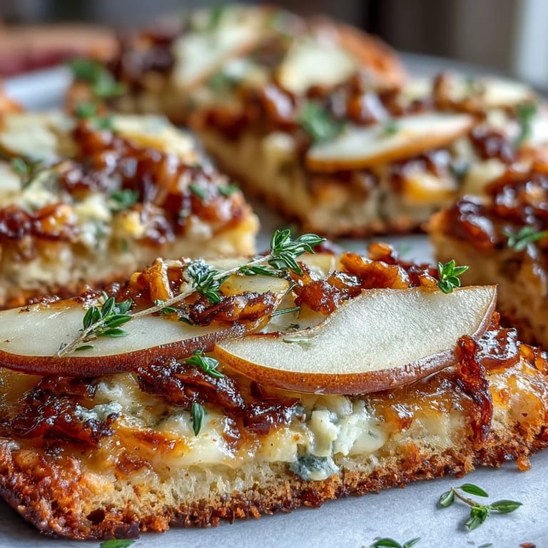 Golden crisp mini pizzas with sliced pears, creamy Gorgonzola, and tangy pickled walnuts on a white serving platter.