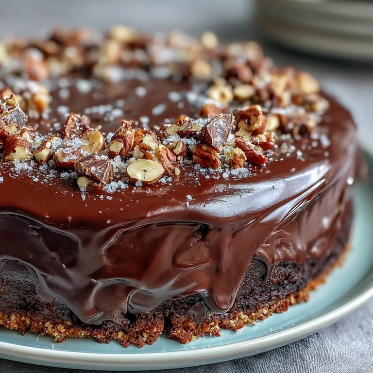 Freshly sliced Chocolate Celebration Cake displays its tender crumb, dark chocolate filling, and a garnish of toasted hazelnut praline.