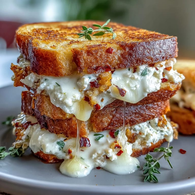 Fresh thyme garnish accents the thick, buttery crust of a toasted goat cheese grilled cheese, oozing with soft chèvre and a hint of sweet, spicy heat.