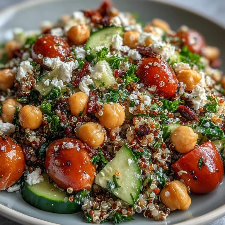A colorful bowl of High Protein Quinoa & Chickpea Salad topped with crumbled feta, halved tomatoes, and fresh parsley. This vegetarian, gluten-free dish is perfect for a healthy lunch or a potluck side, showcasing the fluffy quinoa and chickpeas.