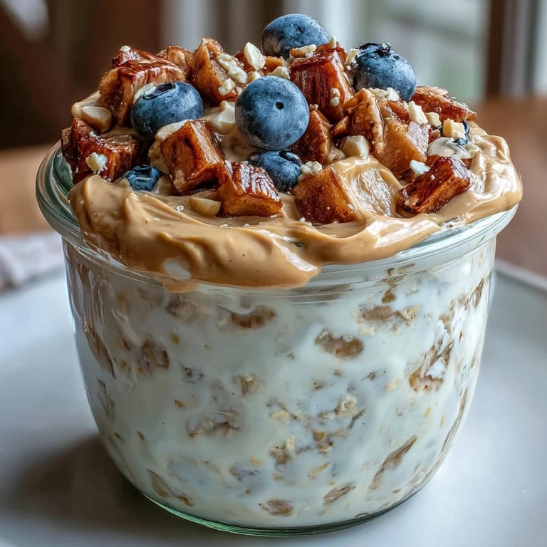 High-Protein Peanut Butter Overnight Oats jar with spoon ready for breakfast.