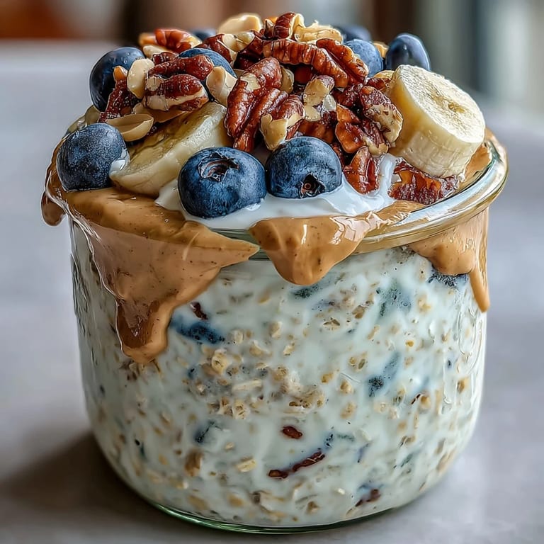 Thick and creamy peanut butter overnight oats topped with fresh banana slices.