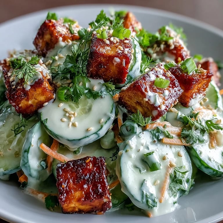 A close-up of creamy sesame-ginger dressing being drizzled over crunchy cucumbers and crispy tofu in this Creamy Asian Cucumber Salad.