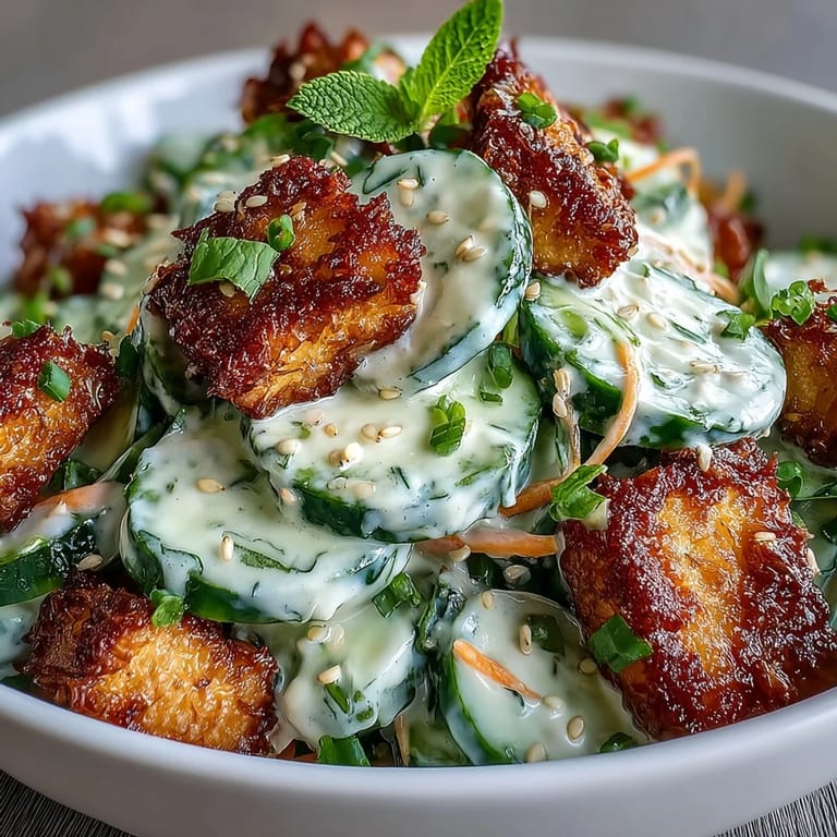 Fresh herbs and toasted sesame seeds garnish this protein-packed Creamy Asian Cucumber Salad, served on a light wooden table.