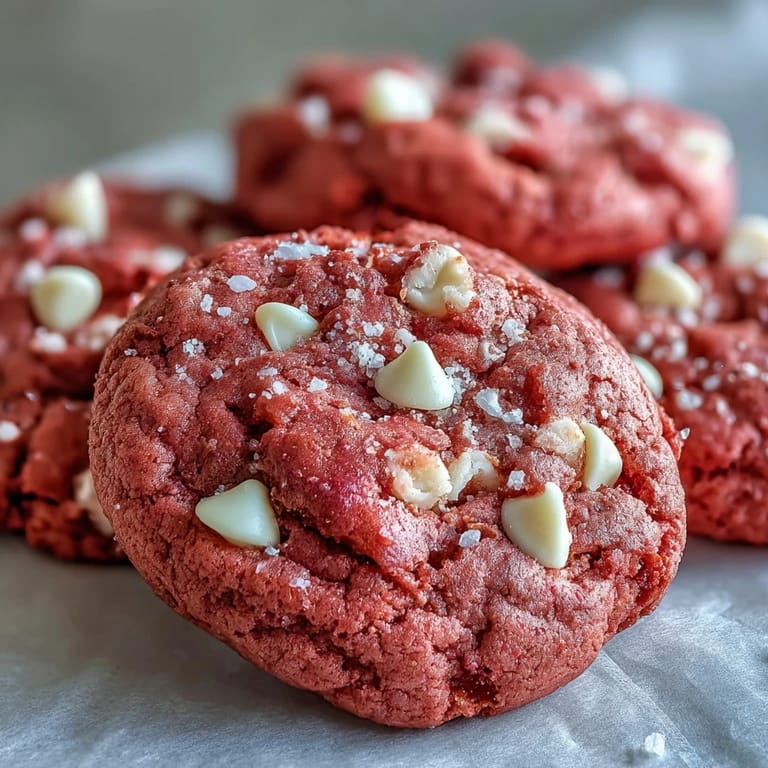 Close-up of Pink Velvet Cookies showing vibrant pink hue and creamy white chocolate chips.