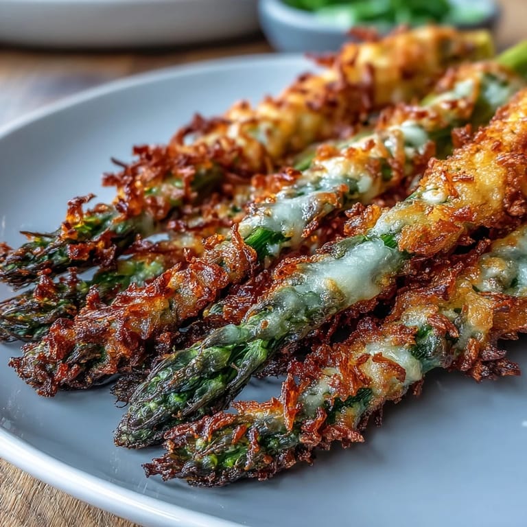 Close-up of Crispy Asparagus Asiago Spears revealing a textured panko and Asiago crust, with tender green asparagus visible beneath.