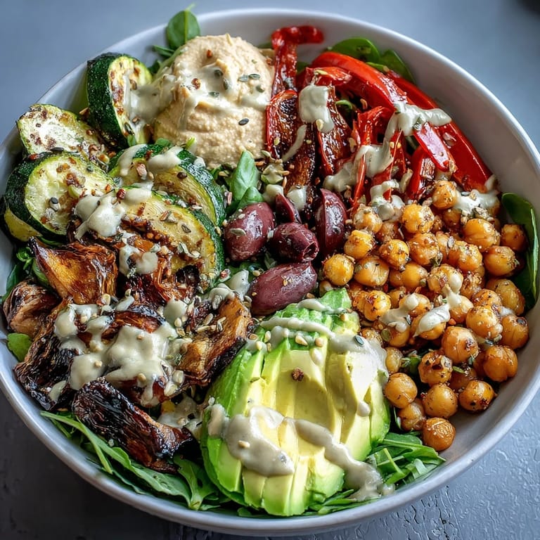 Freshly prepared Vegan Mediterranean Buddha Bowl featuring sliced avocado, protein-rich chickpeas, and a drizzle of zesty tahini dressing.
