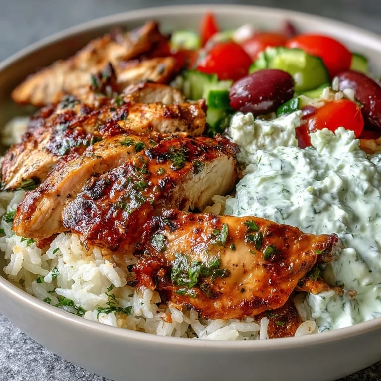 Greek Chicken Bowl topped with briny Kalamata olives and a dollop of cool tzatziki, ready to serve.