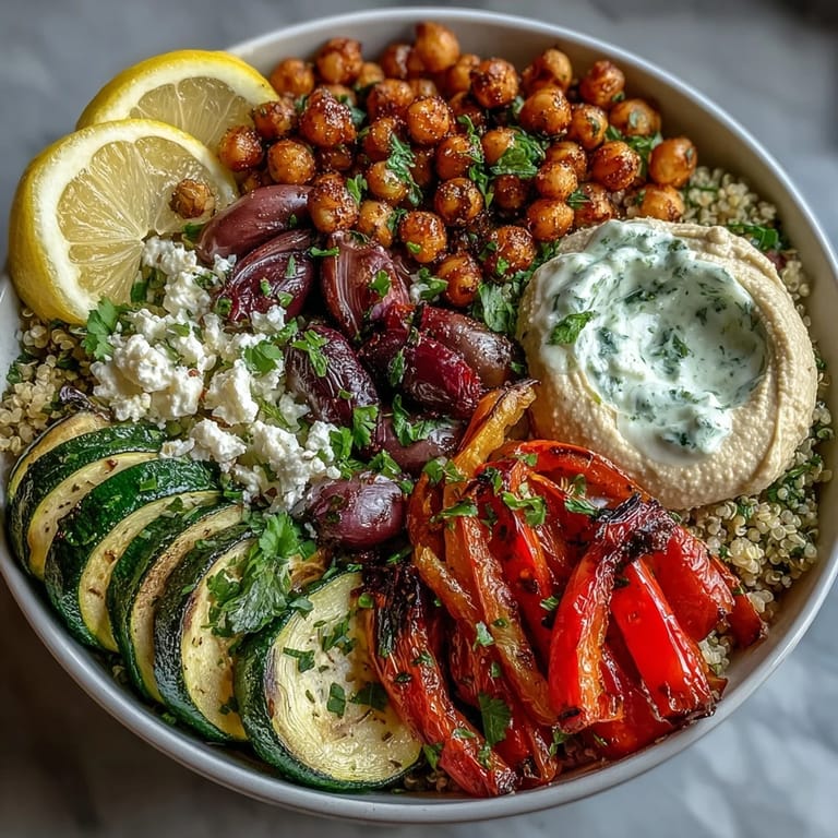 Close-up of a Mediterranean Buddha Bowl showing creamy Greek yogurt, tangy feta, and bright lemon wedges for serving.