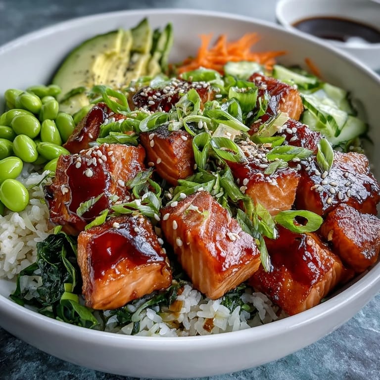 This healthy Baked Salmon Rice Bowl features tender salmon, creamy avocado, and edamame topped with a drizzle of spicy sriracha mayo.  