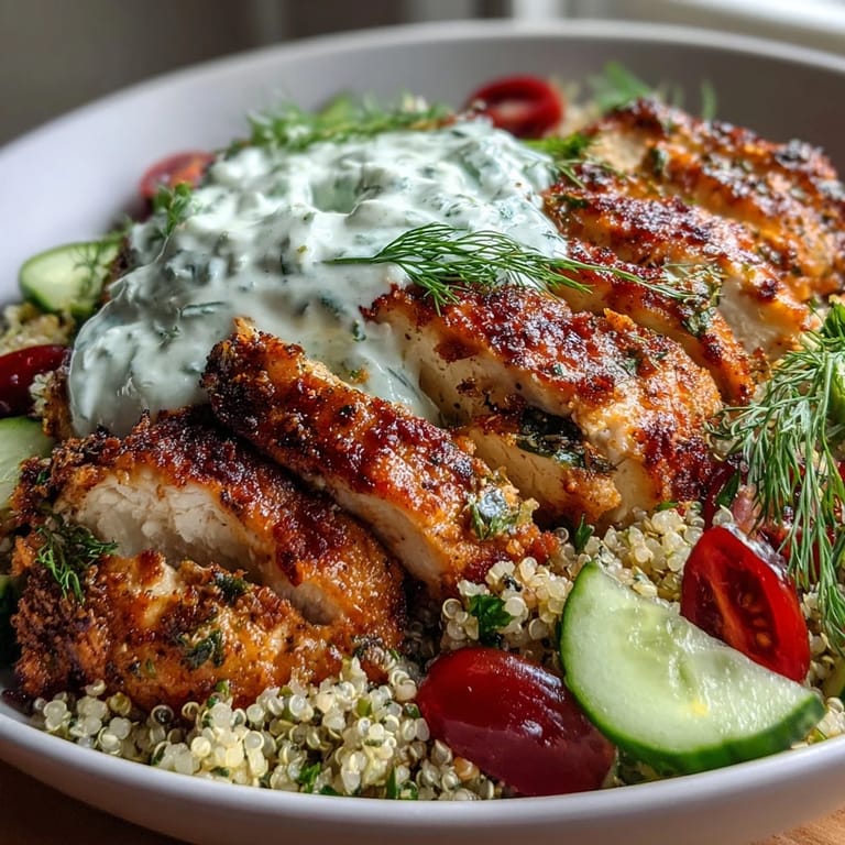 Colorful ingredients like parsley, tomatoes, and cucumbers frame this wholesome, high-protein Greek Chicken Power Bowl perfect for healthy eating.