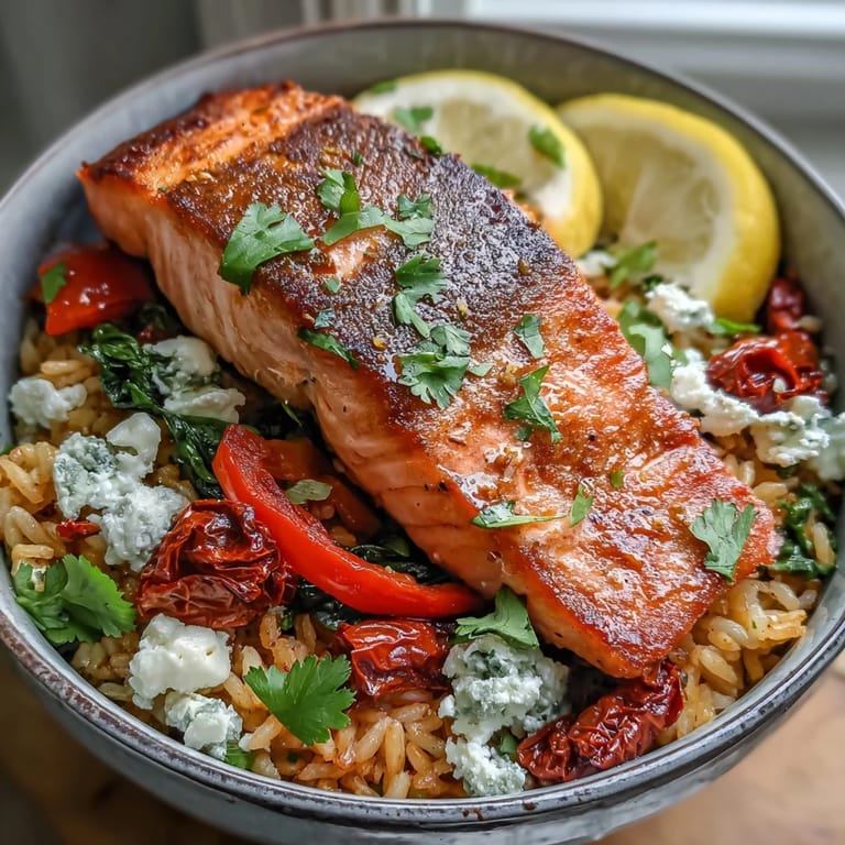 Pan-seared salmon on crispy rice is topped with bell peppers and feta in this vibrant Mediterranean Salmon Bowl, perfect for dinner.