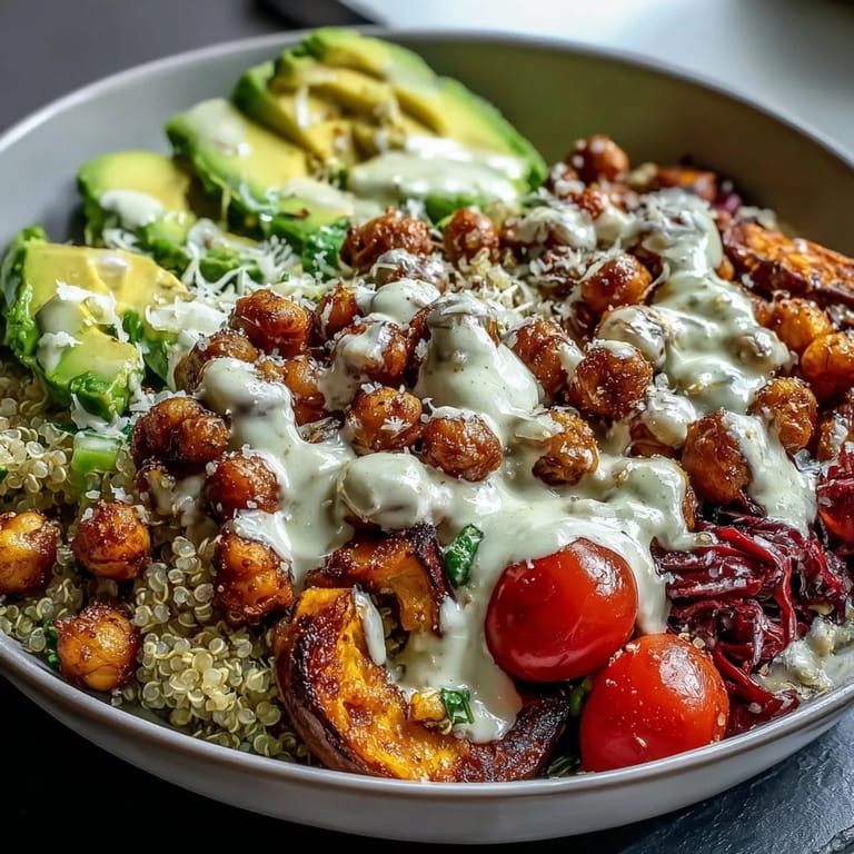 Colorful Buddha Bowl topped with quinoa, roasted sweet potatoes, crispy chickpeas, avocado, cherry tomatoes, and fresh veggies for a healthy meal.