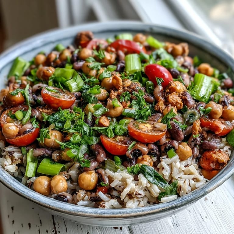 Overhead view of New Years Hoppin John Salad, a festive Southern-inspired bowl of legumes and vegetables, perfect for a healthy start.