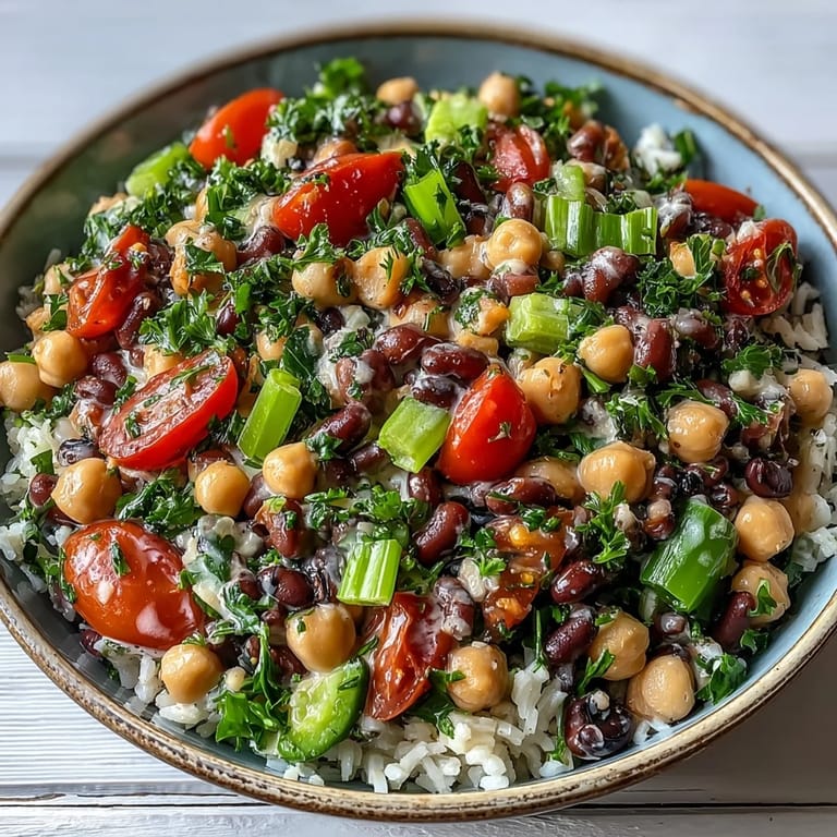 Vibrant New Years Hoppin John Salad with brown rice, red bell pepper, celery, and parsley, tossed in a light vinaigrette.