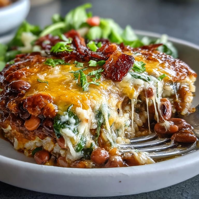 A hearty Tex Mex Black Eyed Pea Casserole features smoky bacon, tender spinach, and melted cheese on a white plate.