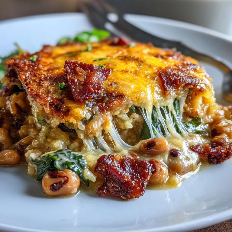 Fresh Tex Mex Black Eyed Pea Casserole served warm, revealing layers of rice, Rotel tomatoes, and black-eyed peas in a skillet.