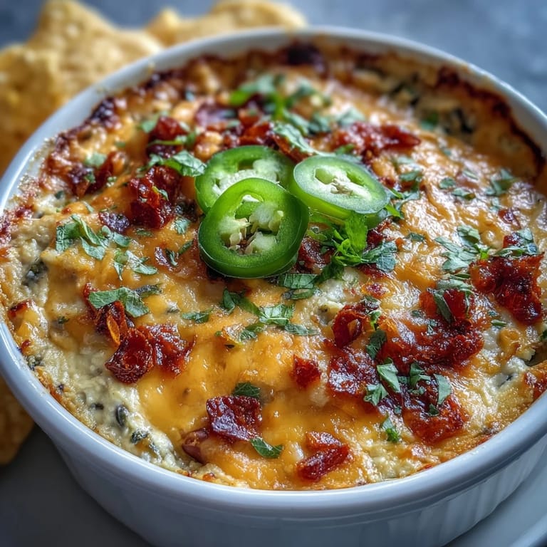 This baked Black-Eyed Pea Dip is garnished with fresh cilantro and jalapeños, perfect for a Southern-style appetizer.