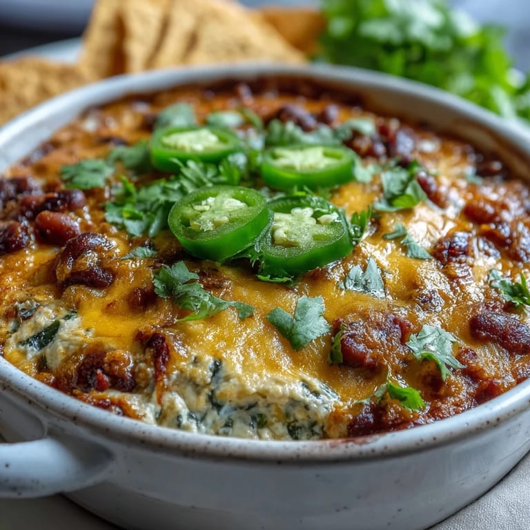 Golden-brown hot Black-Eyed Pea Dip in a baking dish with a serving spoon, ready for a party spread.