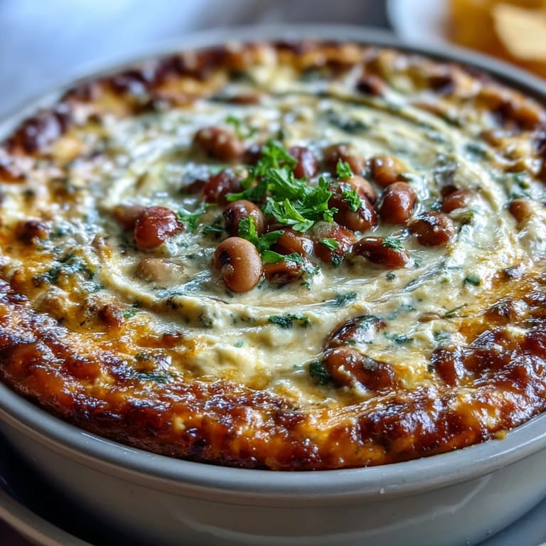 Creamy Hot Black-Eyed Pea Dip served warm in a ceramic dish, surrounded by crunchy tortilla chips and fresh veggie sticks.