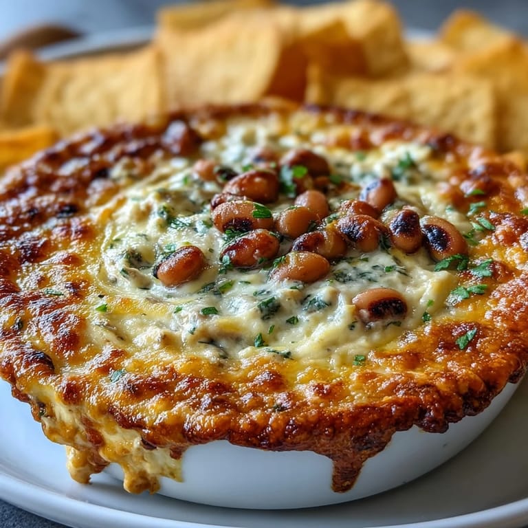 Cheesy Hot Black-Eyed Pea Dip with visible chunks of black-eyed peas and red bell peppers in a rustic baking dish.
