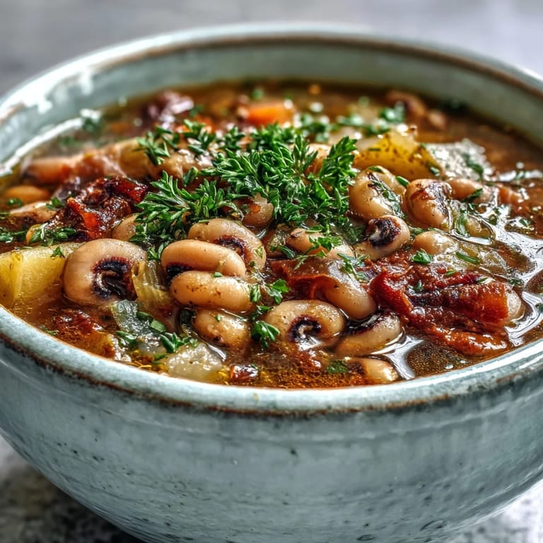 Vibrant Black-Eyed Pea Stew served in a rustic bowl, topped with extra parsley and set against a wooden background.