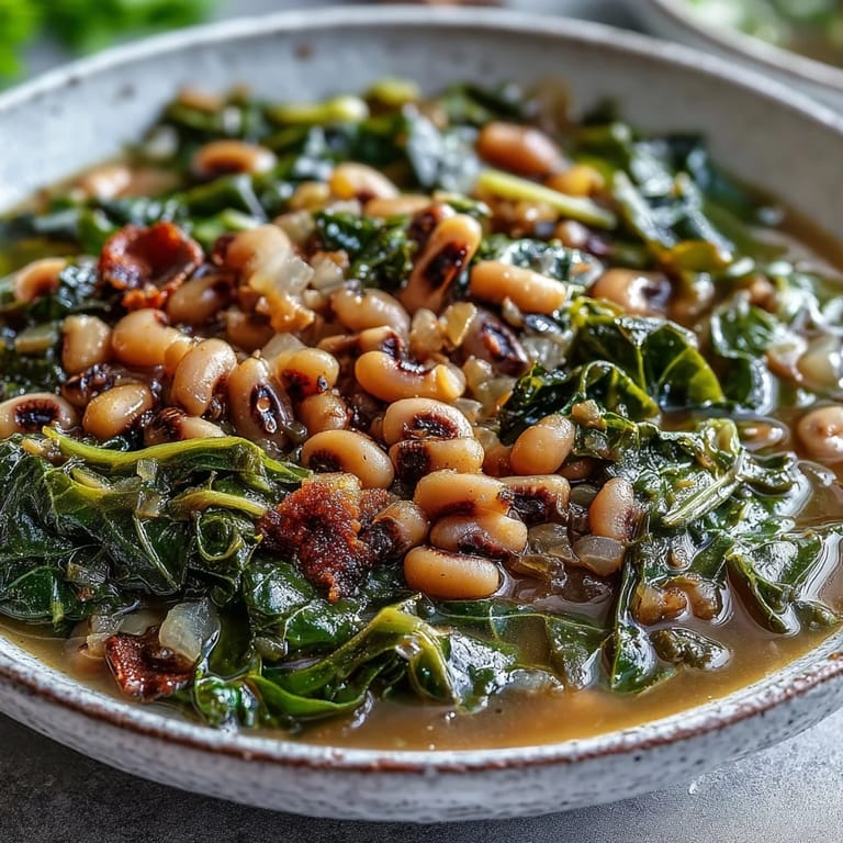 A close-up of seasoned black-eyed peas and silky collard greens beside fresh cornbread wedges.