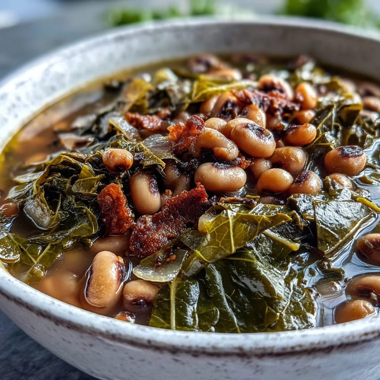 Garnished bowl of Black-Eyed Peas With Collard Greens served with cornbread and a dash of hot sauce.