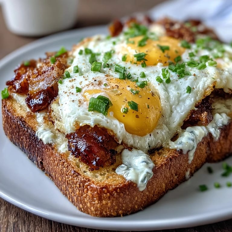Tender asparagus spears top creamy, soft-scrambled eggs on rustic toasted bread, finished with fresh chives and a hint of lemon.