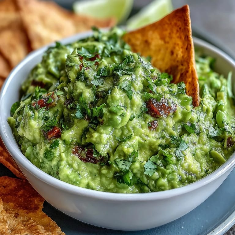 Vibrant green edamame guacamole topped with diced red onion, served alongside crunchy, smoky paprika pita chips.