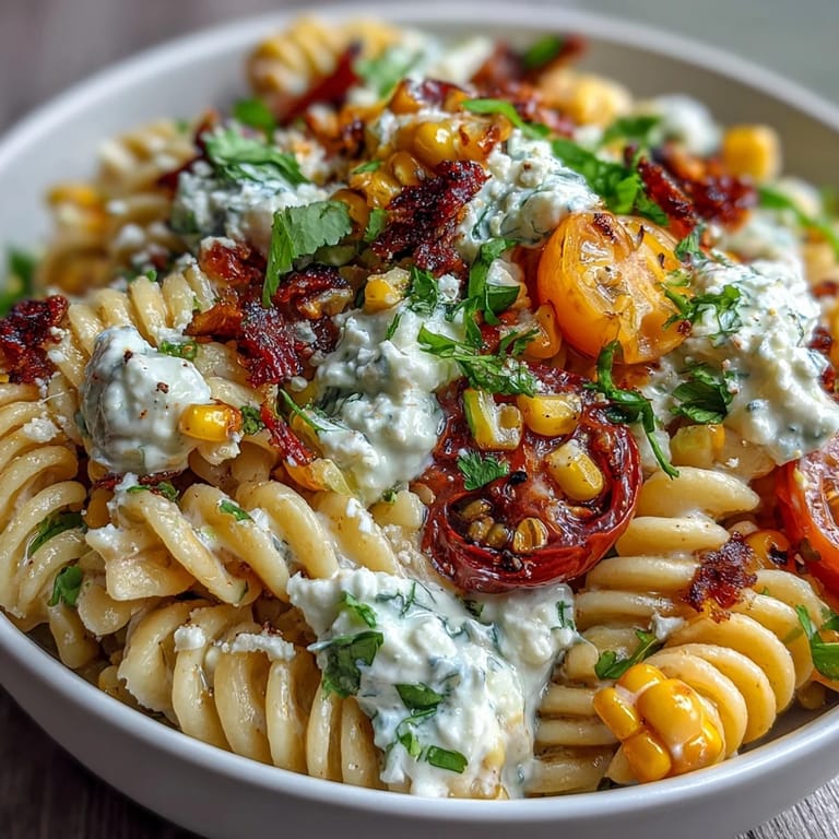 Colorful Mexican-inspired pasta salad with sweet corn, tangy lime, and smoky Cotija cheese, topped with chili for a bold kick.  