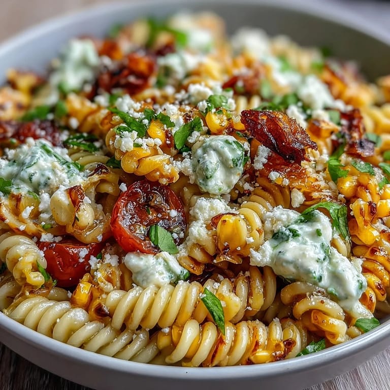 Fresh Elote Pasta Salad featuring charred corn, creamy dressing, and crumbled Cotija, garnished with chili flakes and lime wedges for a zesty finish.