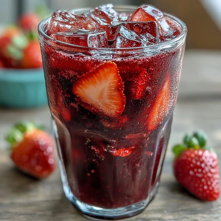 Refreshing homemade strawberry açaí refresher with sliced strawberries, mint garnish, and ice cubes in a clear glass.