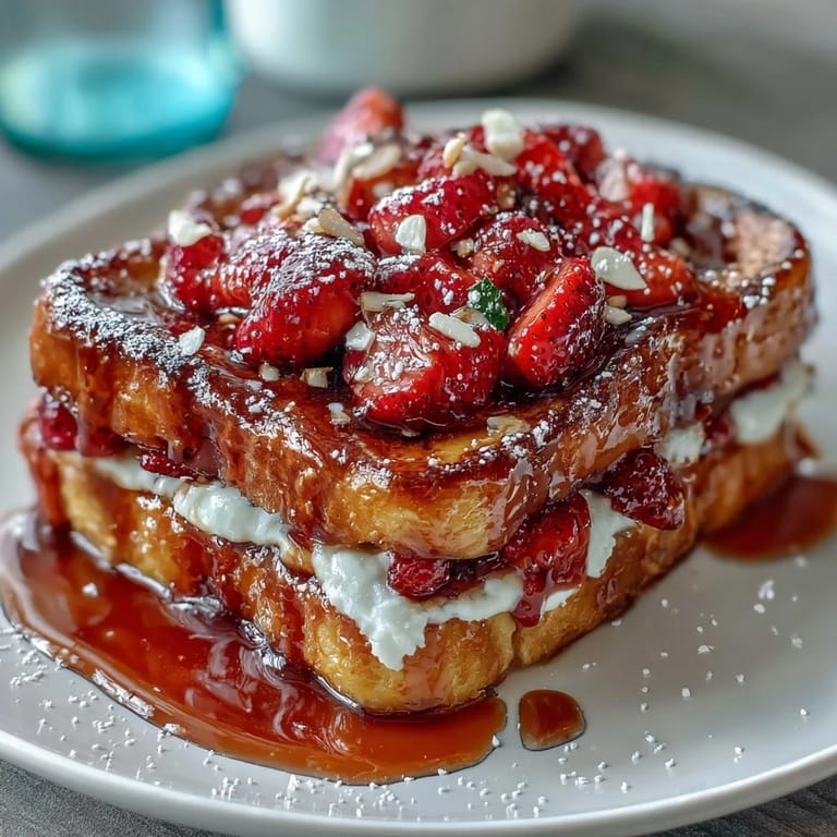 This vibrant strawberry French toast bake features fluffy brioche soaked in creamy vanilla custard, topped with toasted almonds and a sprinkle of sugar for a crunchy finish.